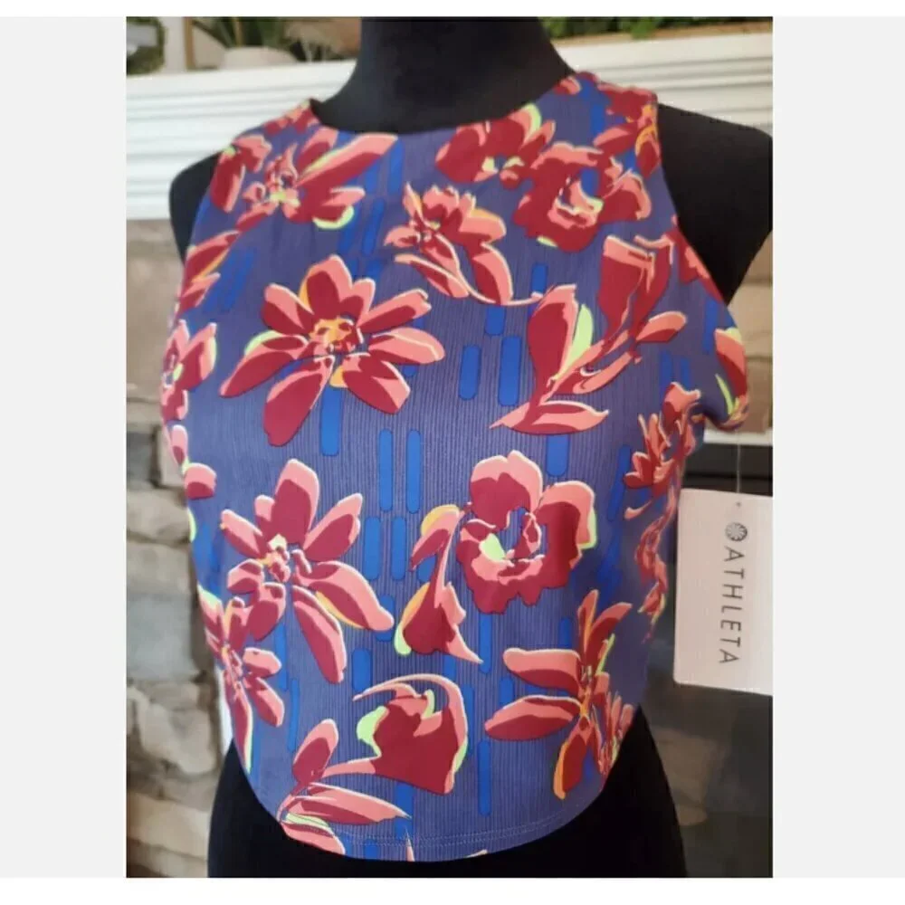 ATHLETA Conscious Crop YOGA Top Bra Bralette Blue Floral Print BUTTERY SOFT $64